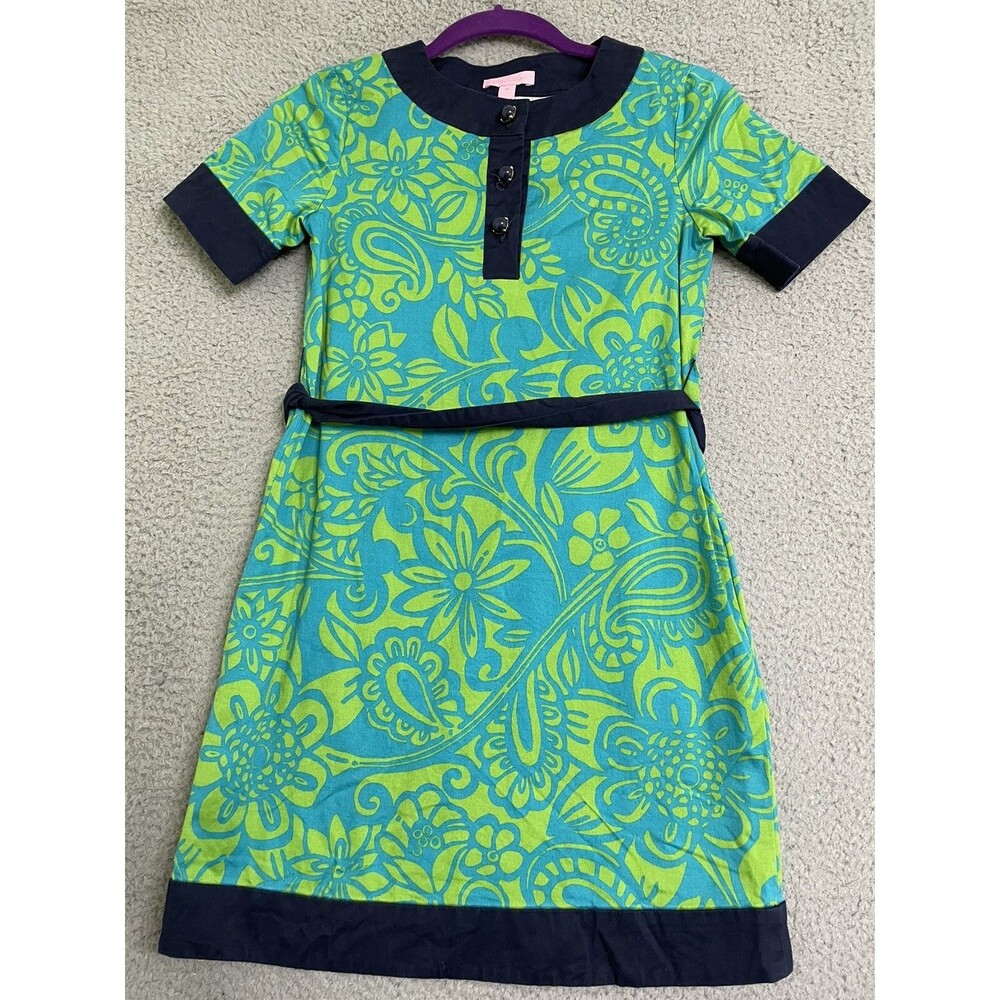 Lilly Pulitzer Blue & Green Floral Dress Girls Size 10 Navy Belt/Tie Bow Buttons